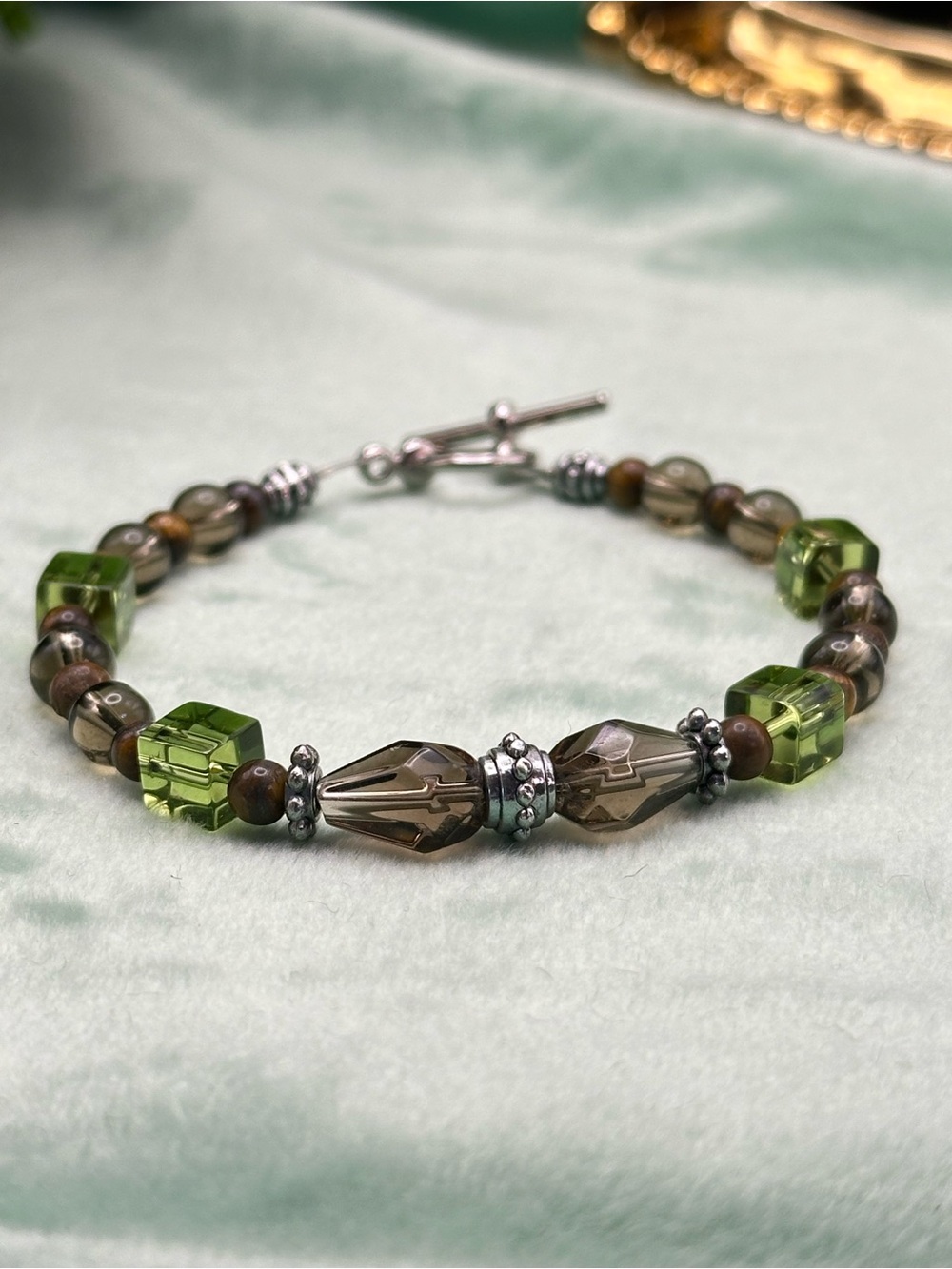 Green Cube and Smoky Quartz Bead Bracelet - Women's Jewelry